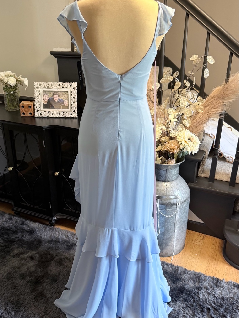 NWT lulus CHARMING EVENT Light Blue Asymmetrical Ruffle Maxi Dress Small - Picture 5 of 9